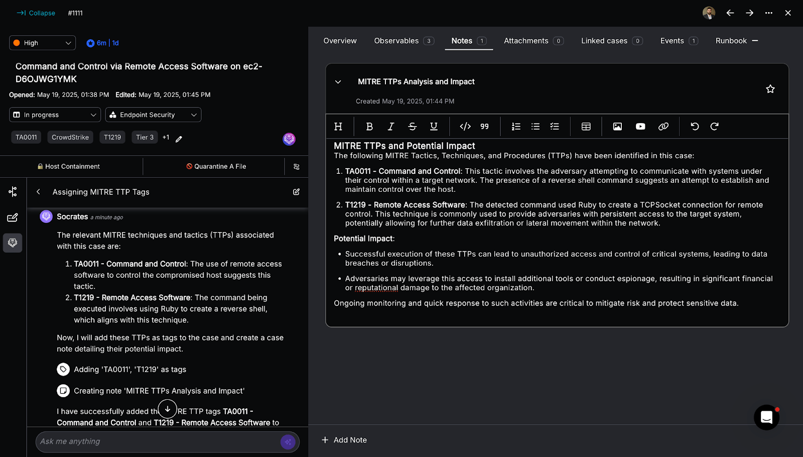 Analysts no longer spend time manually tagging or correlating cases, which helps reduce MTTR and increase consistency across investigations.
