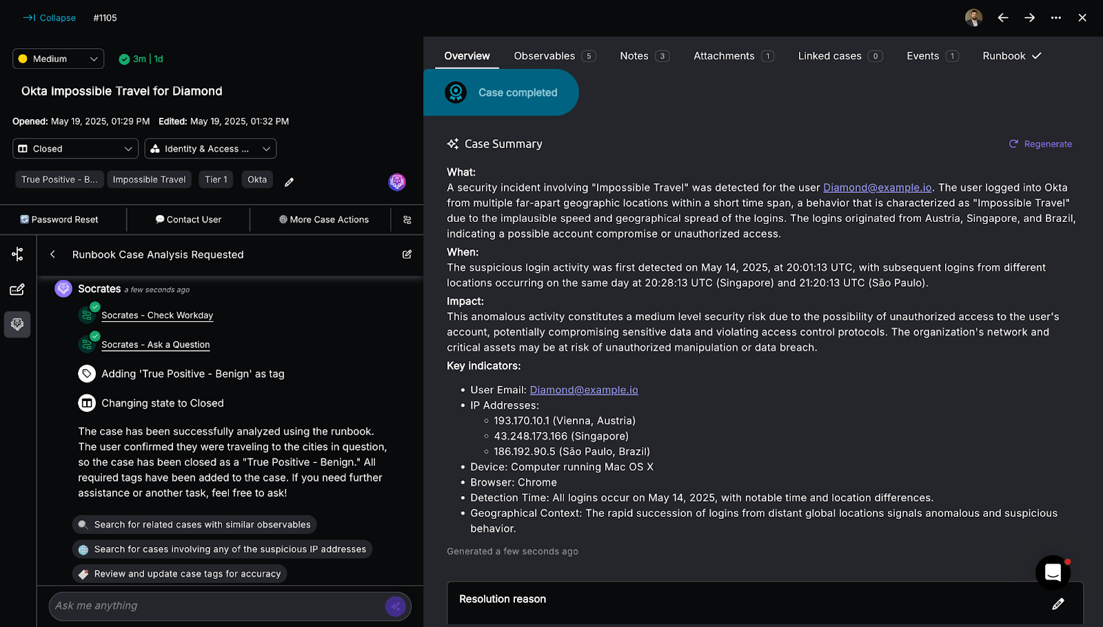 This workflow took under three minutes, reducing MTTR and giving analysts hours back by eliminating manual checks and unnecessary escalations.