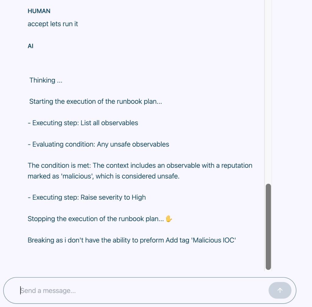 Screenshot showing an example of an AI system seamlessly delegating control to a human when it lacks permission to execute a critical task, demonstrating how AI autonomy and human oversight work together seamlessly.
