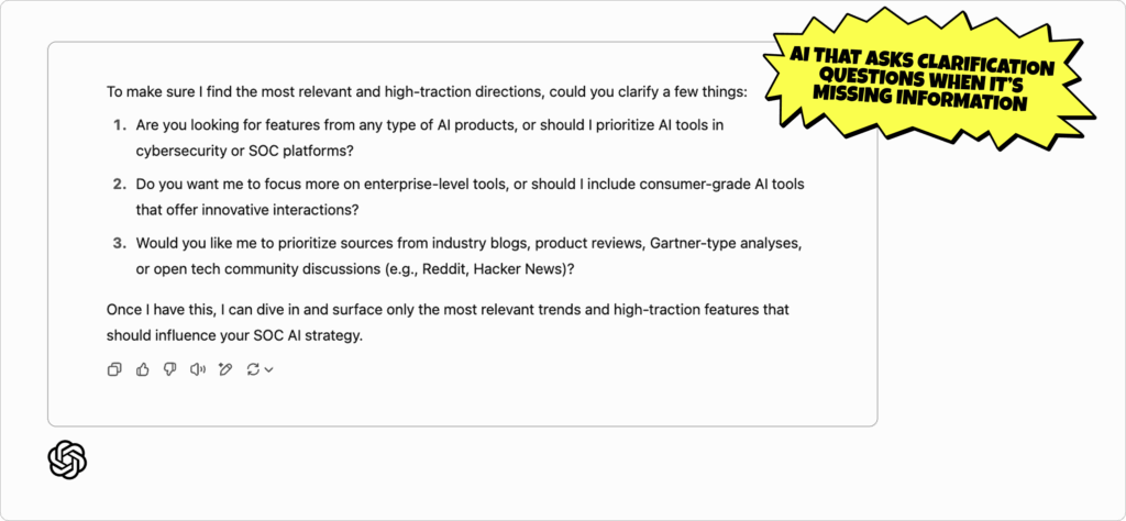 AI SOC Evaluation: Example of AI that asks clarification questions