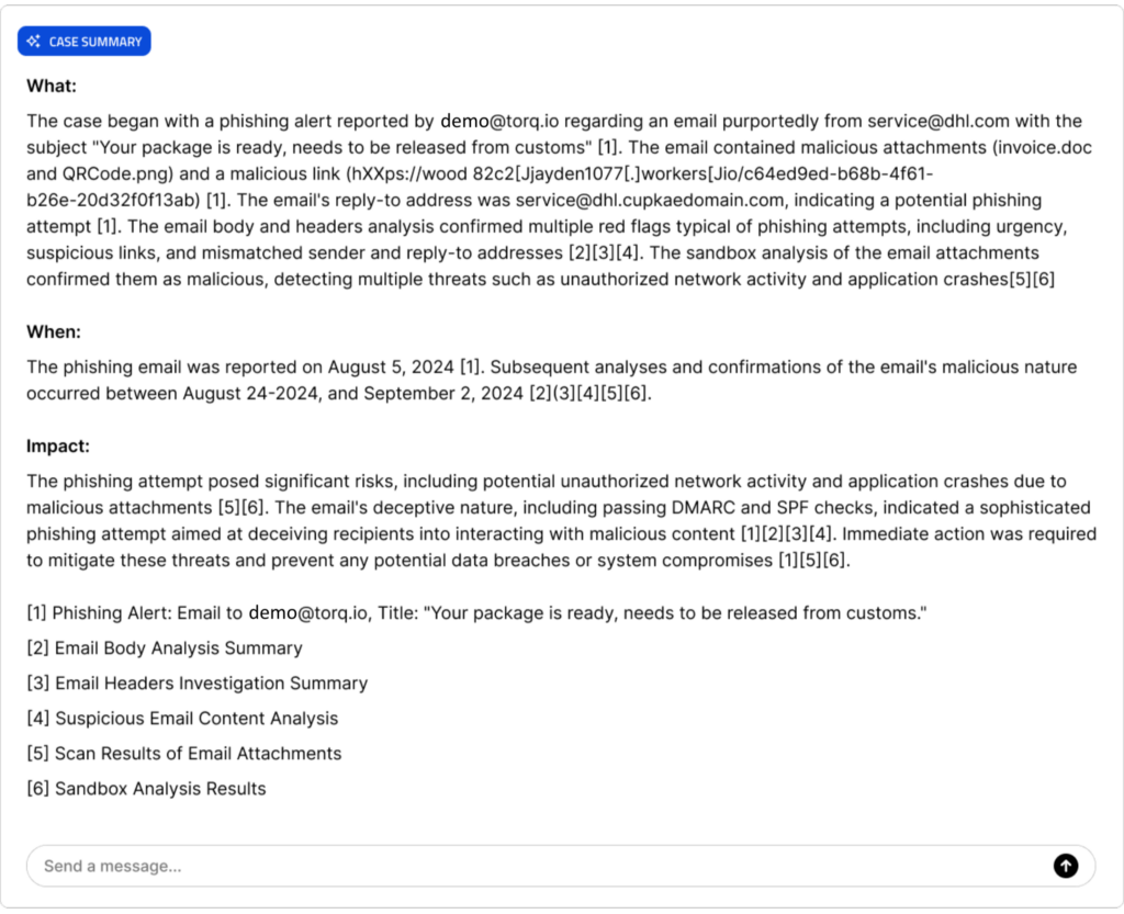 Example of how a a structured, evidence-based AI-generated case summary can help with building trust in AI in your SOC operations